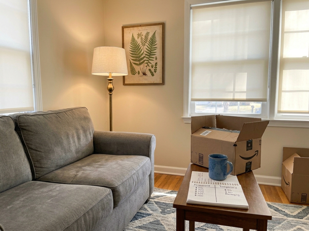 A living-room corner in a different rental than the one we left behind, mid-morning warm window light — the same warm-toned floor lamp and framed botanical print from the earlier shot now placed in this new apartment, with a different rug and side table marking the temp layer for this place, and on the side table an open notebook showing two handwritten columns labeled Permanent and Temporary with neat dollar figures in each, a ceramic mug resting on top