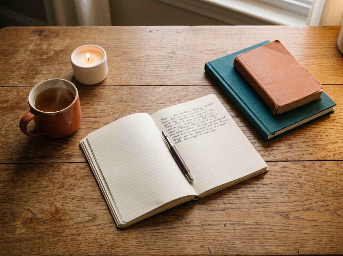 A quiet evening table scene with notebooks, a lit candle, and a ceramic mug of tea — a personal ritual visible from objects alone