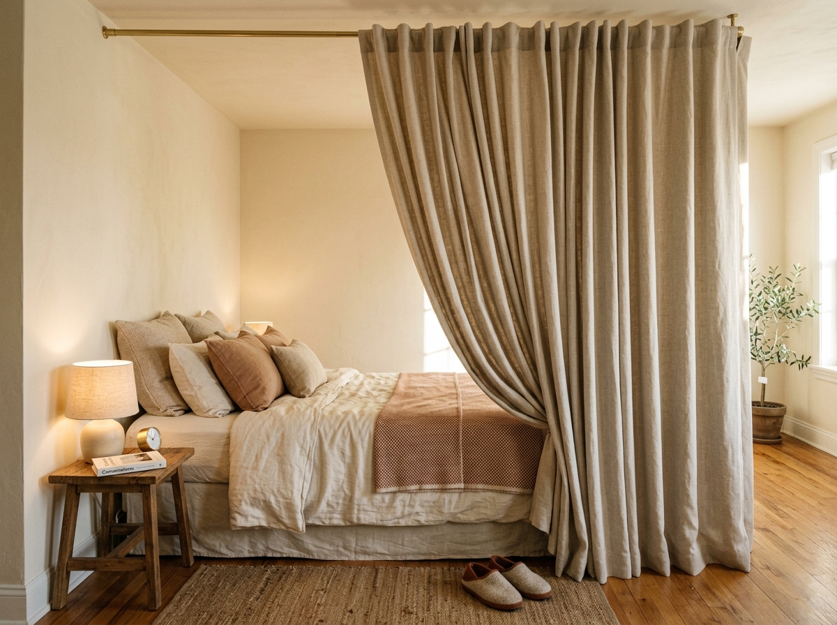 Floor-to-ceiling linen curtain panel hanging from a tension rod across a studio apartment ceiling, half-pulled back to reveal a made bed behind it.