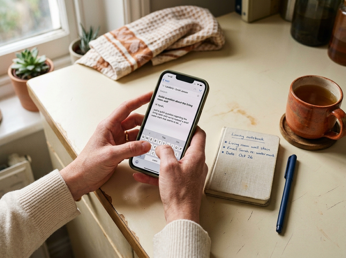 A renter's hands hold a smartphone over a small cream kitchen counter, the phone screen showing a half-typed email to a landlord, a notebook with handwritten bullet points and a mug of tea beside it