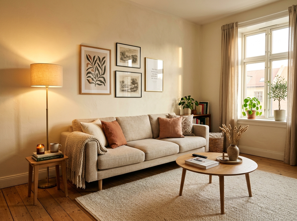 A small rental living room in late-afternoon daylight with one wall painted soft warm white, a low linen sofa pulled forward, three uneven framed prints above it, a tall floor lamp, and a cream area rug