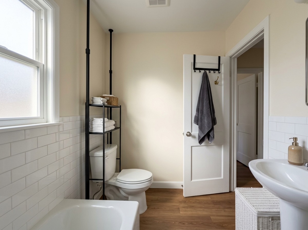 A tight rental bathroom interior with bare cream-painted walls above white subway tile, no drill holes and no mounted fixtures — visible workarounds: a matte black over-the-door hook bar holding a charcoal towel on the open door, a freestanding two-tier tension shelf jammed floor-to-ceiling behind the toilet, a small seagrass hamper under the pedestal sink
