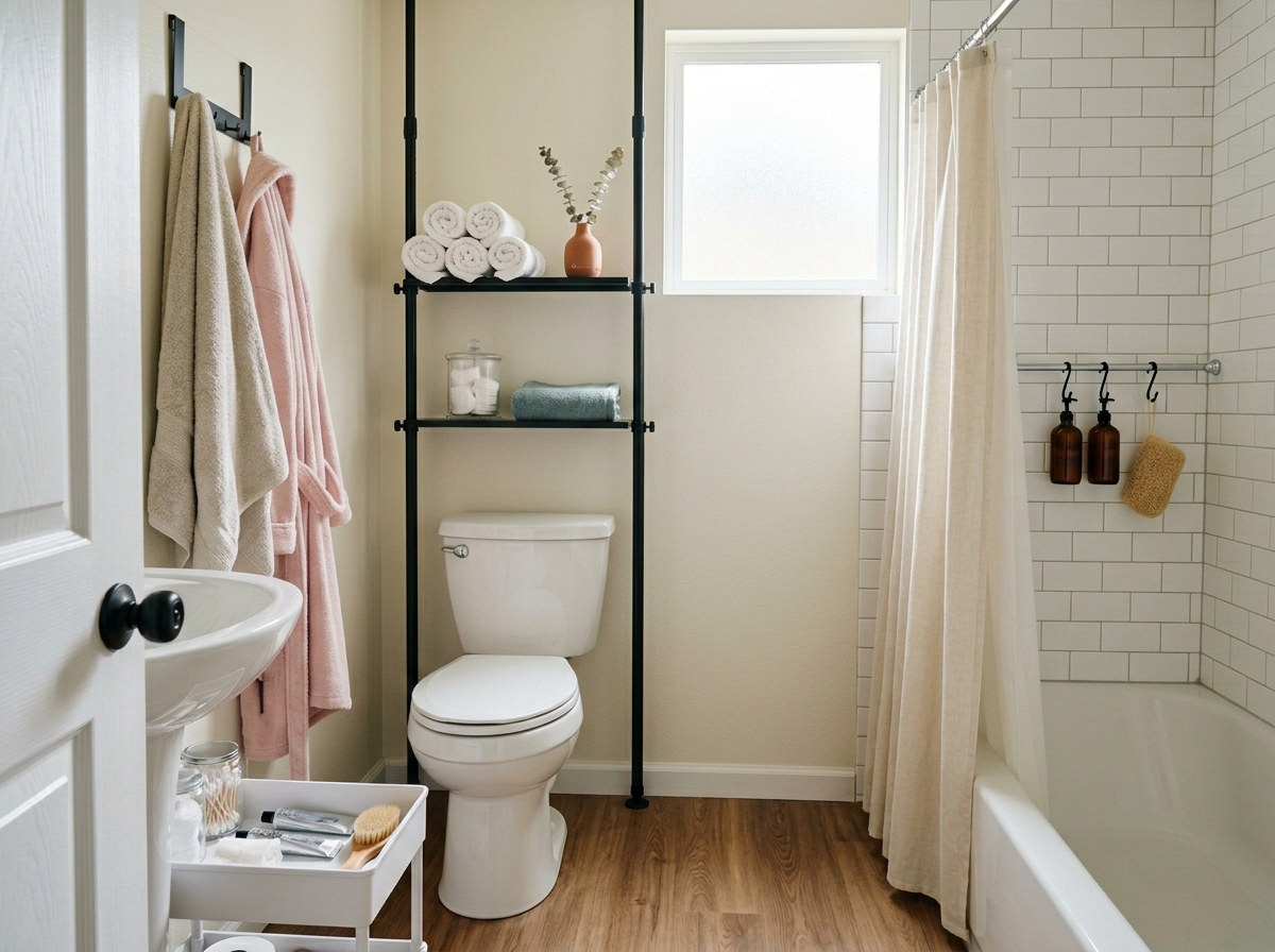 A small rental bathroom three months in, all four storage zones populated and the floor and counter clear: a two-tier matte black tension shelf above the toilet holding rolled white washcloths and a glass jar of cotton rounds, an over-the-door hook bar with an oatmeal towel and a soft pink terry robe, a secondary chrome tension rod inside the shower holding amber-glass bottles on S-hooks, and a two-tier white sliding bin partially pulled out from under the pedestal sink showing organized contents