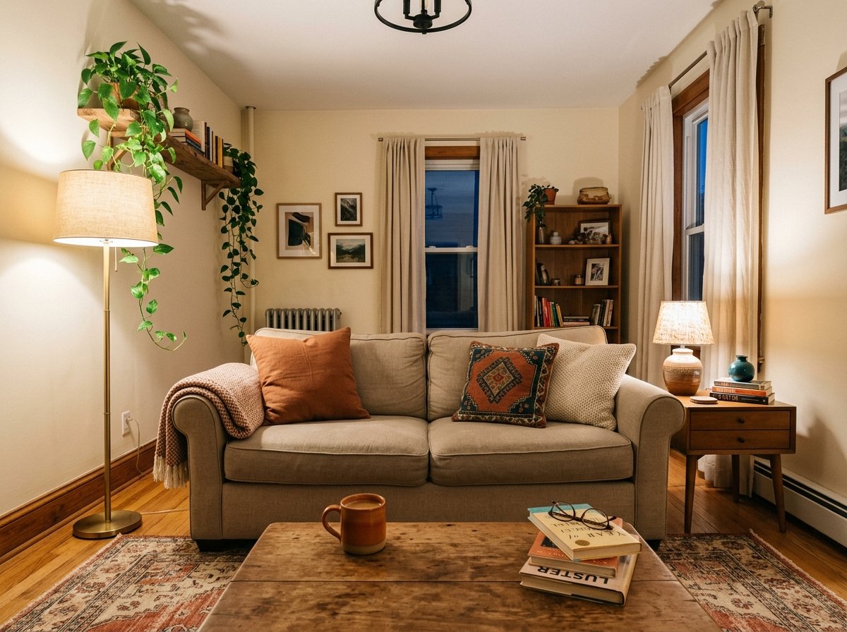 Wide-angle rented living room in the evening showing all four cozy layers assembled — warm lamps, layered sofa, plant on a high shelf, floor-length curtains