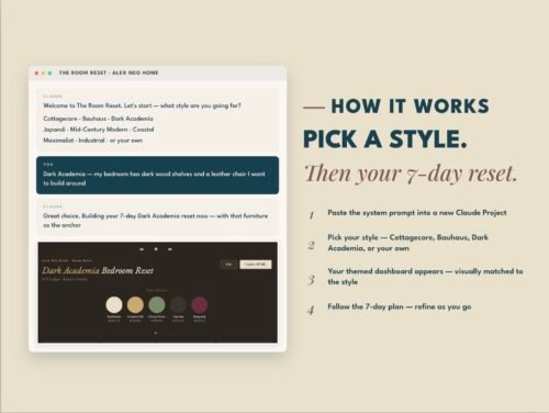 Screenshot How The Room Reset works — pick a style, then a 7-day reset plan