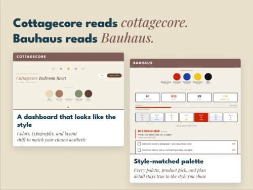 Screenshot Style-themed dashboard adapting to cottagecore, dark academia, Bauhaus, Japandi