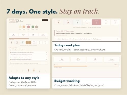 Screenshot 7-day phased plan with daily actions, palette, and budget tracker