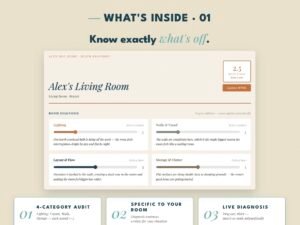 Free AI room audit dashboard scoring lighting, layout, walls, and storage