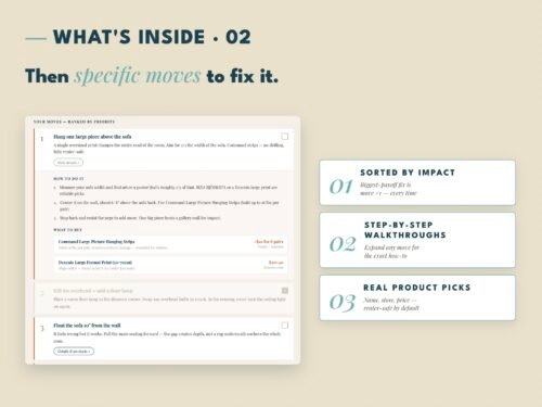 Ranked interior design moves with step-by-step walkthroughs and product picks