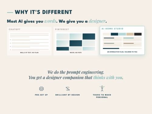 Interactive AI room design dashboard vs ChatGPT walls of text and Pinterest mood boards