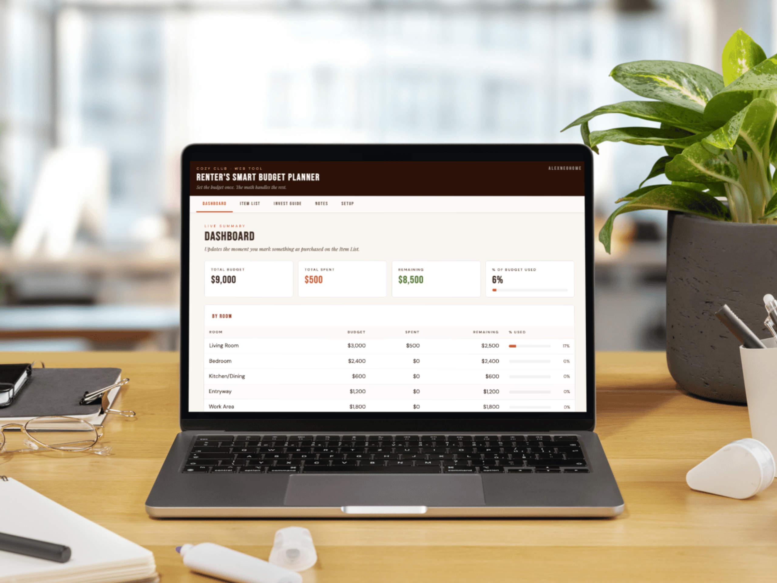 The Renter's Smart Budget Planner — Cozy Club's member-exclusive web tool, splitting decor spend into a Permanent column and a Temporary column with a priority-weighted allocation slider
