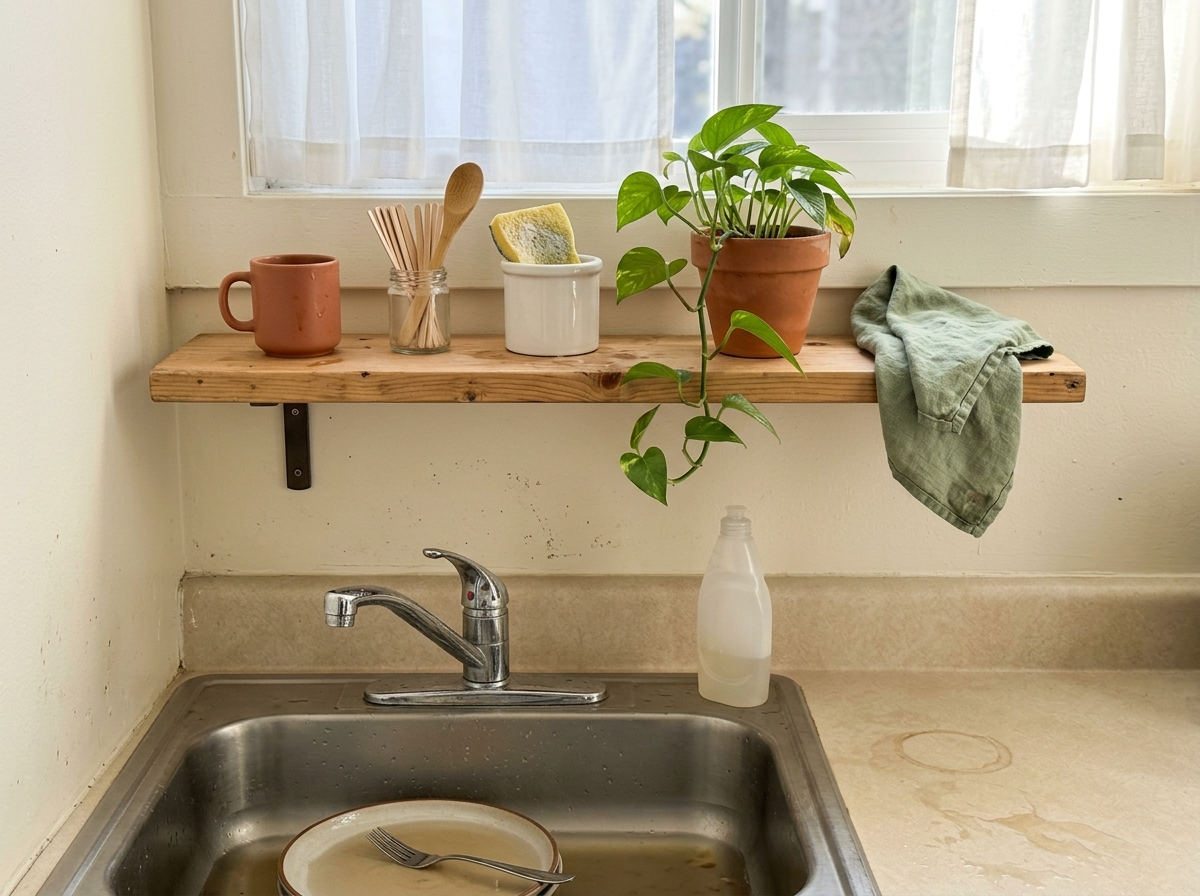 Small narrow light-oak wooden shelf mounted above a rental kitchen sink with morning coffee mug and trailing pothos