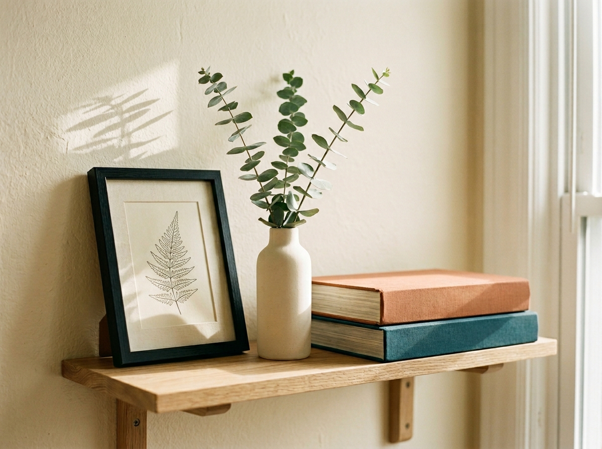 A styled shelf corner with a small framed print, a ceramic vase with eucalyptus, and a stack of books