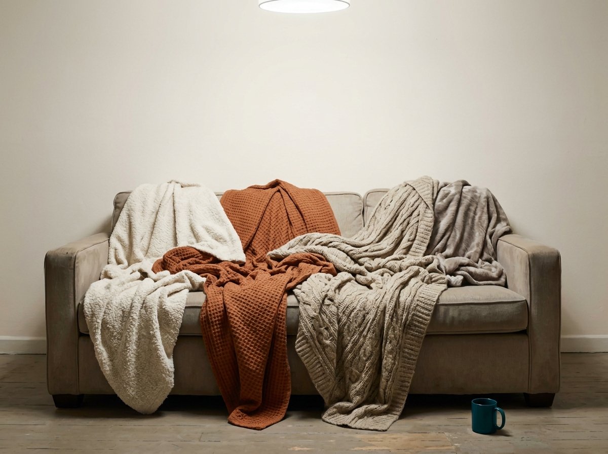 Four throw blankets piled across a sofa in a sparsely furnished, under-lit rental living room — the visual cue that soft things alone do not make a room cozy