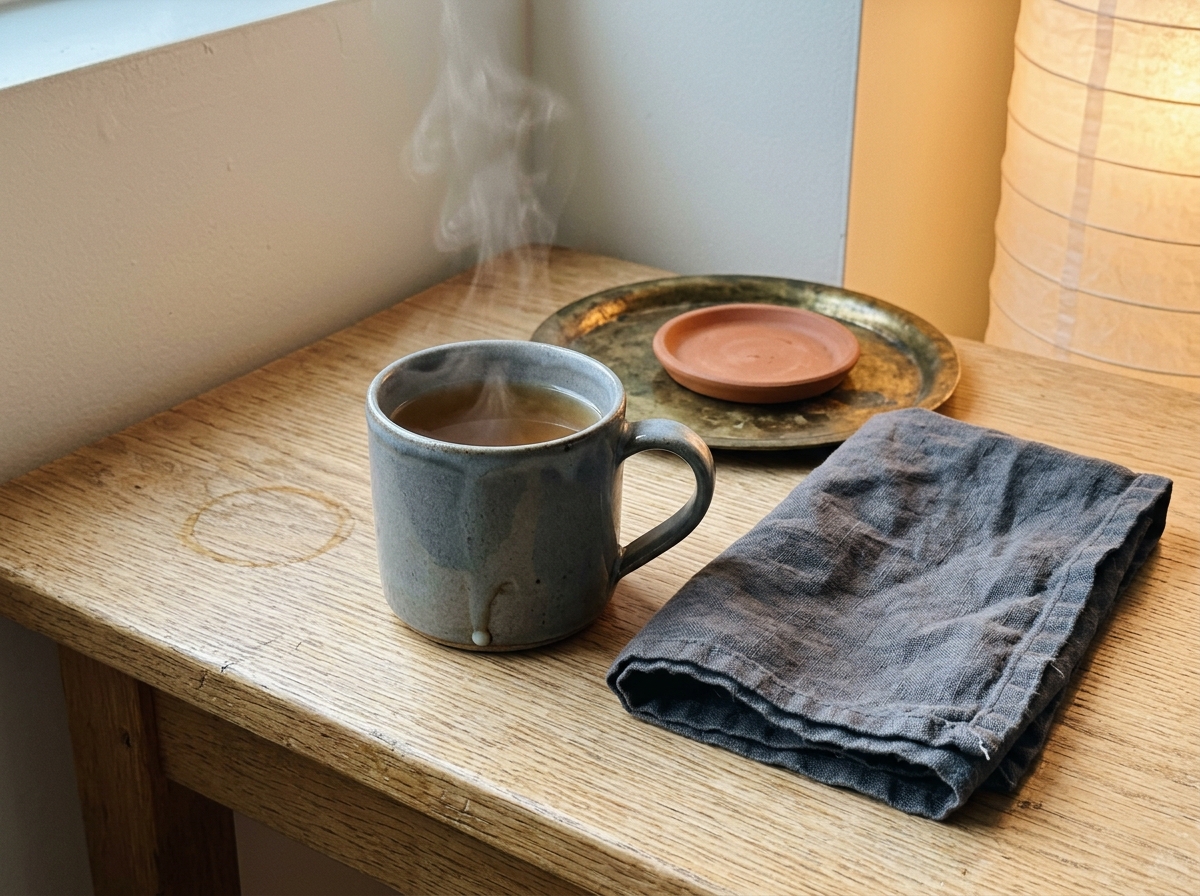 Stoneware mug and folded linen napkin on a pale-oak side table illuminated by a warm paper-shade floor lamp