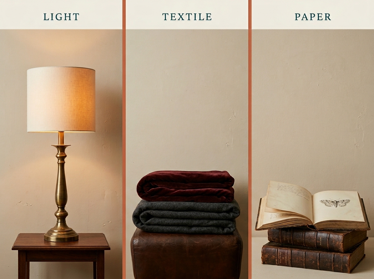 Editorial illustration in a 16:9 horizontal format showing three vertical panels for light, textile, and paper