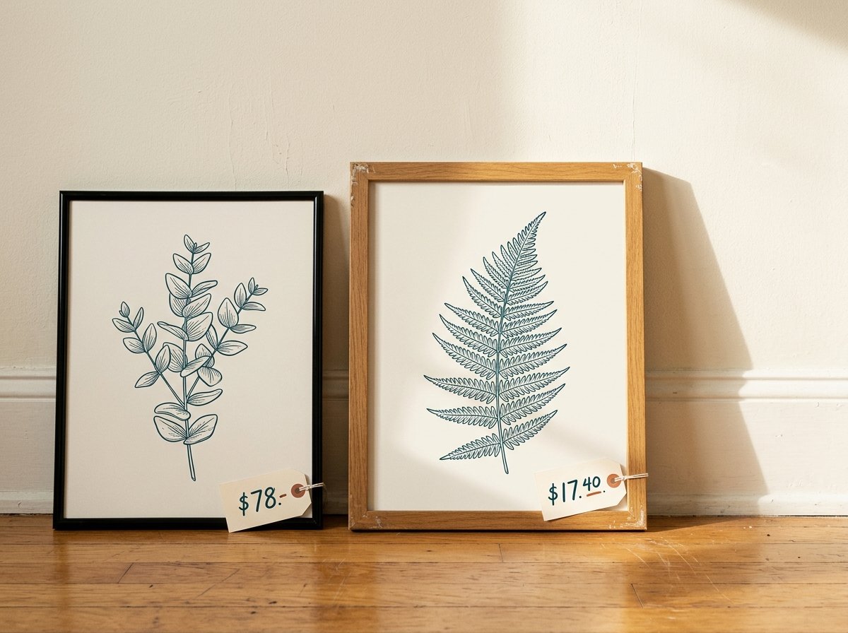Two framed botanical prints leaning against a wall