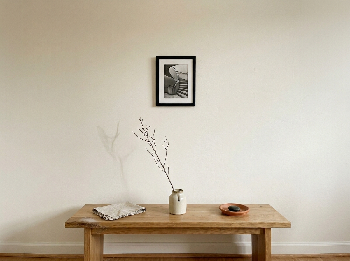 Interior detail of a minimalist cream wall with a single framed photo above a light oak bench holding a ceramic vase, linen napkin, and terracotta dish