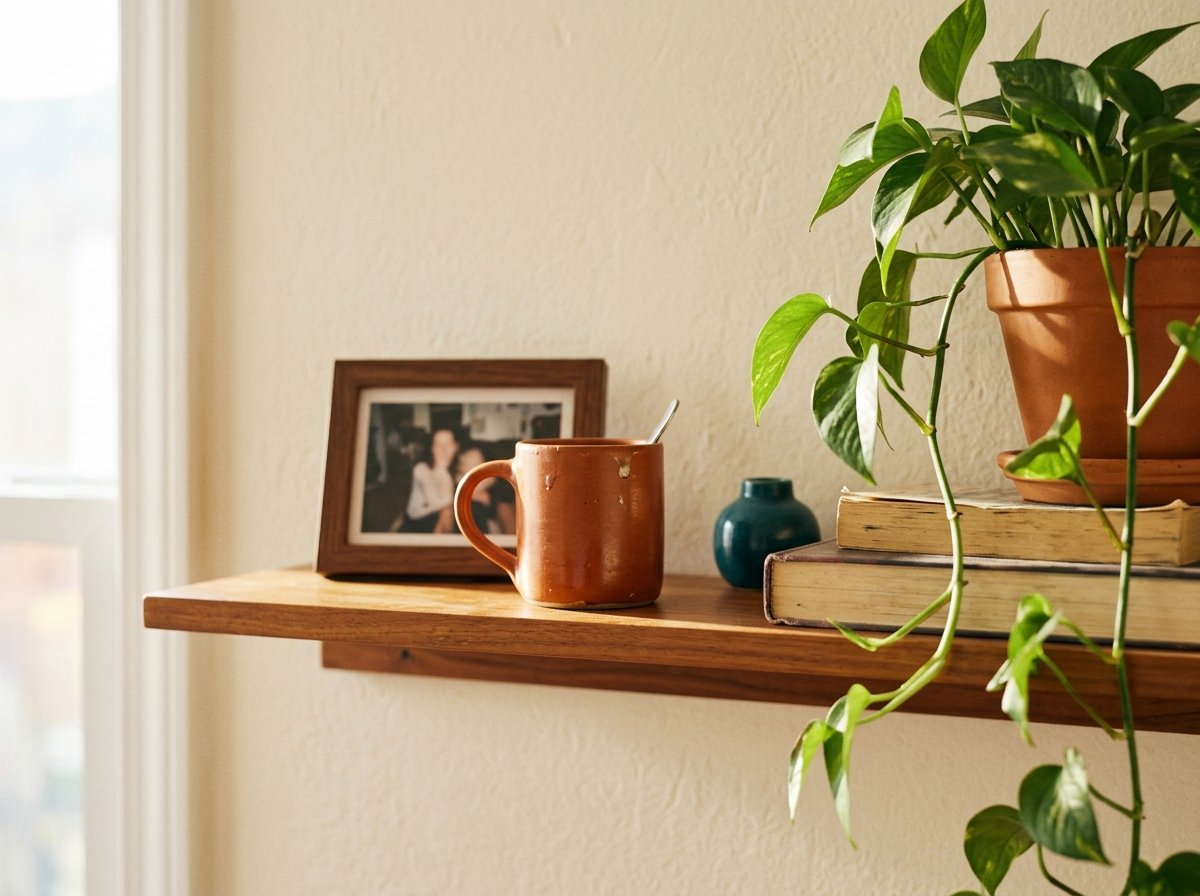 Wood shelf in a rented apartment with a trailing pothos plant beside a hardcover book, a ceramic mug, and a small personal photo — the lived-in layer