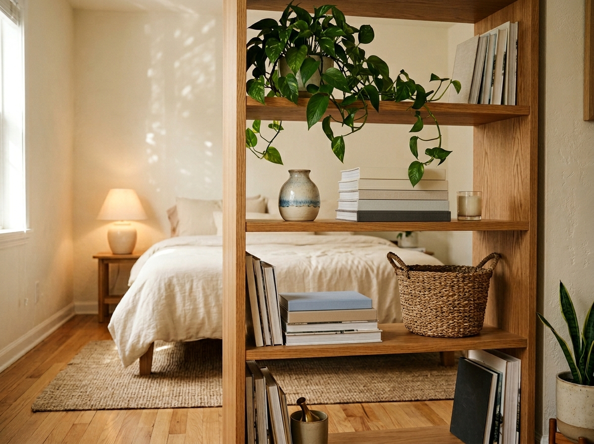 Open-back wooden bookshelf used as a half-wall divider inside a studio apartment, about five feet tall, light passes through the shelves.