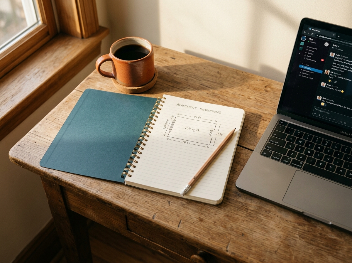 Open notebook with handwritten apartment measurements next to a laptop showing an AI chat