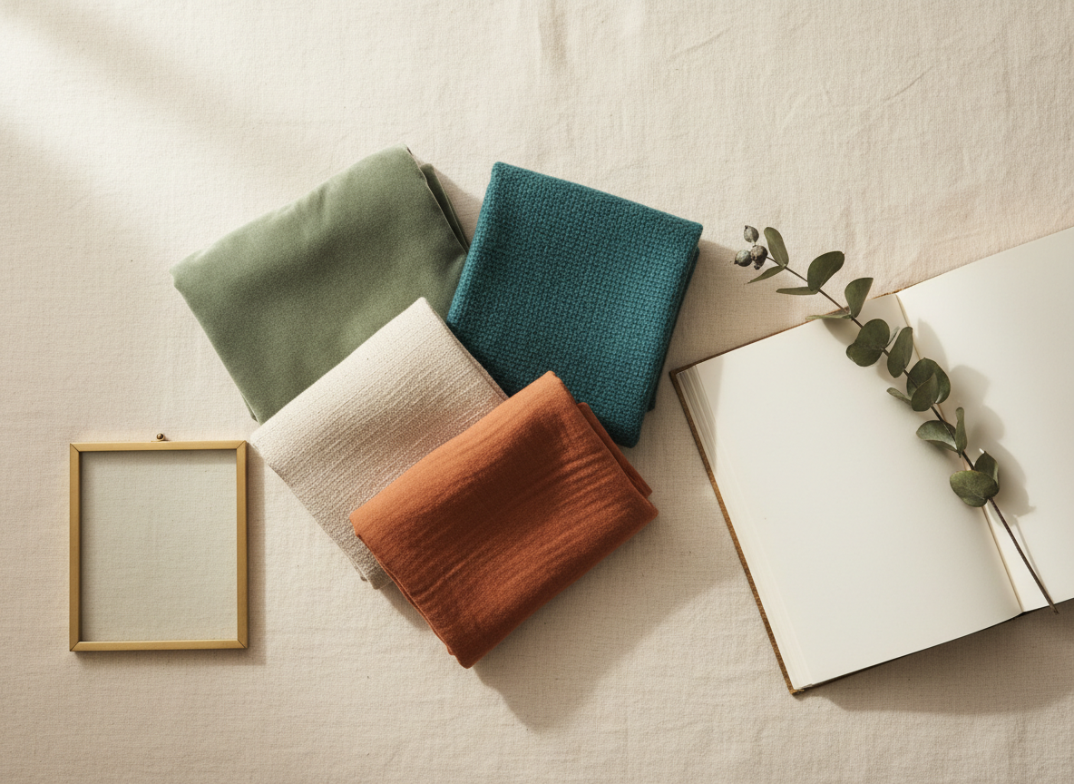 an overhead flat-lay on cream linen background, four folded textile swatches grouped together (sage velvet, cream linen