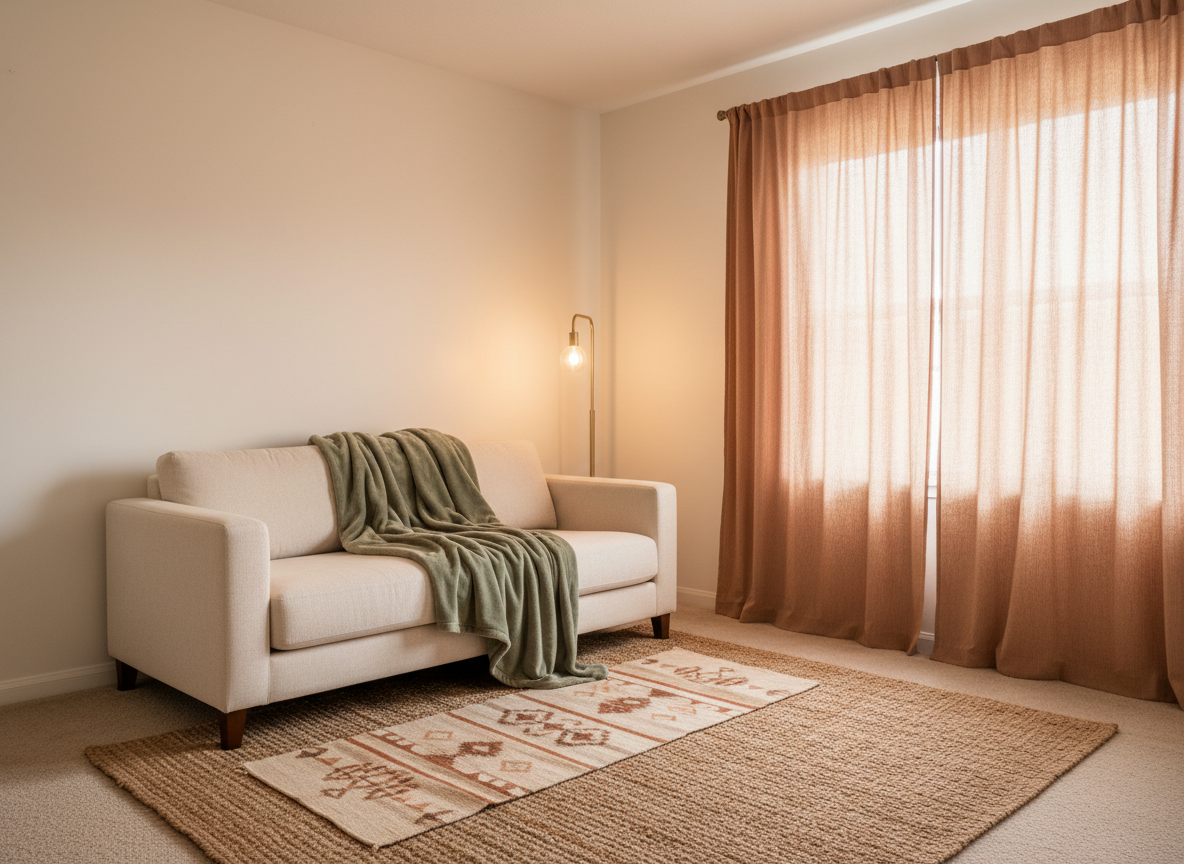 a renter living room corner showing the textile-blocks rule in action, cream walls untouched, a 5x7 jute and small wool