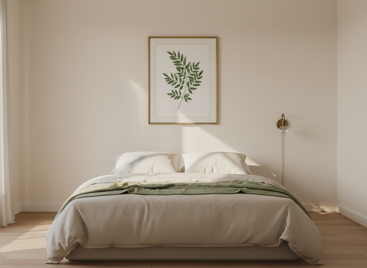 a quiet renter's bedroom shot from the foot of the bed, soft late-afternoon natural light, a low platform bed dressed in