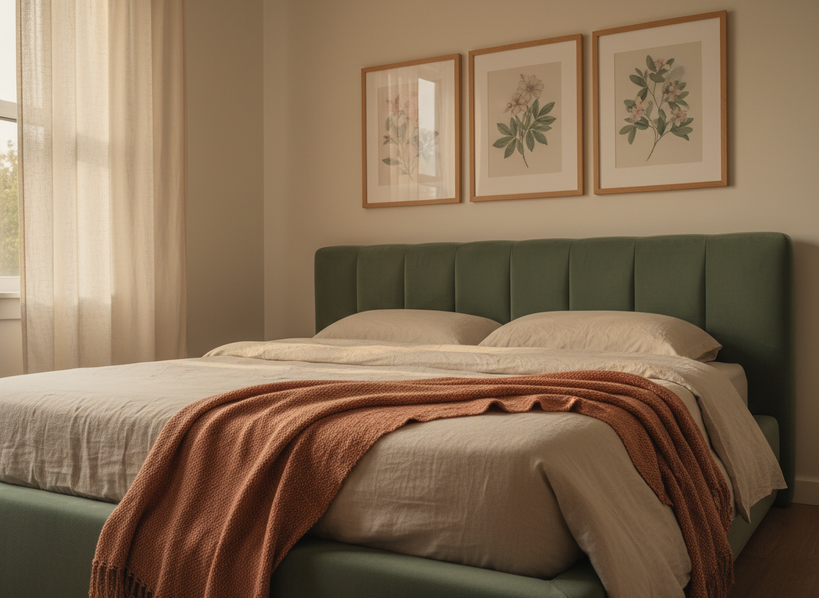 a renter's bedroom corner from a slight angle, a low bed with a sage velvet headboard dressed in cream linen and one fol