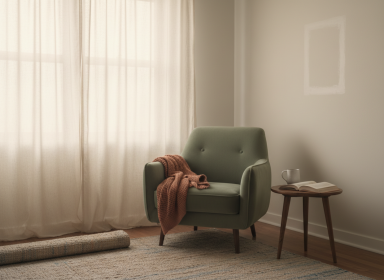 a quiet apartment living room in soft late-afternoon light, one sage velvet armchair turned toward a window with sheer c