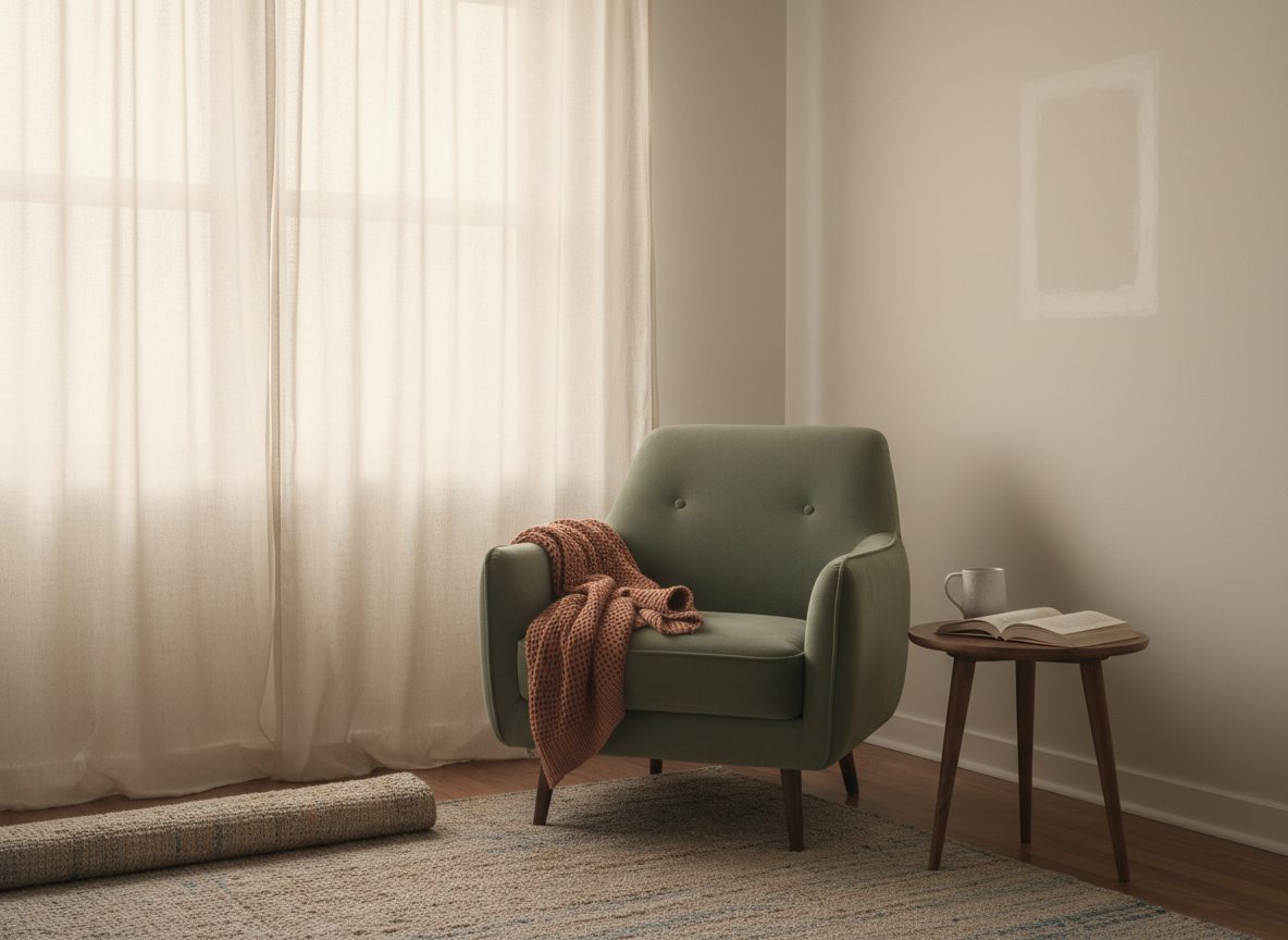a quiet apartment living room in soft late-afternoon light, one sage velvet armchair turned toward a window with sheer c