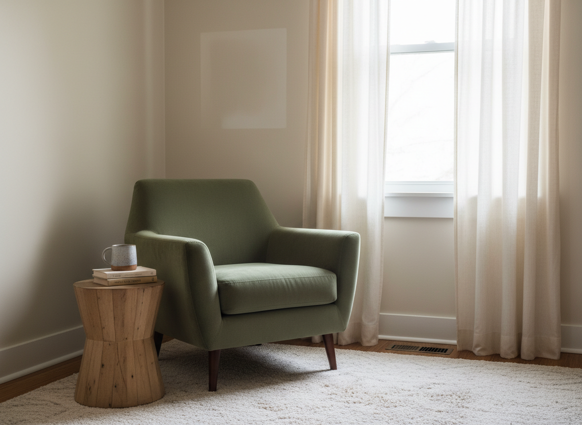 a renter's living room corner in soft natural daylight, one sage velvet armchair angled toward a window with sheer cream