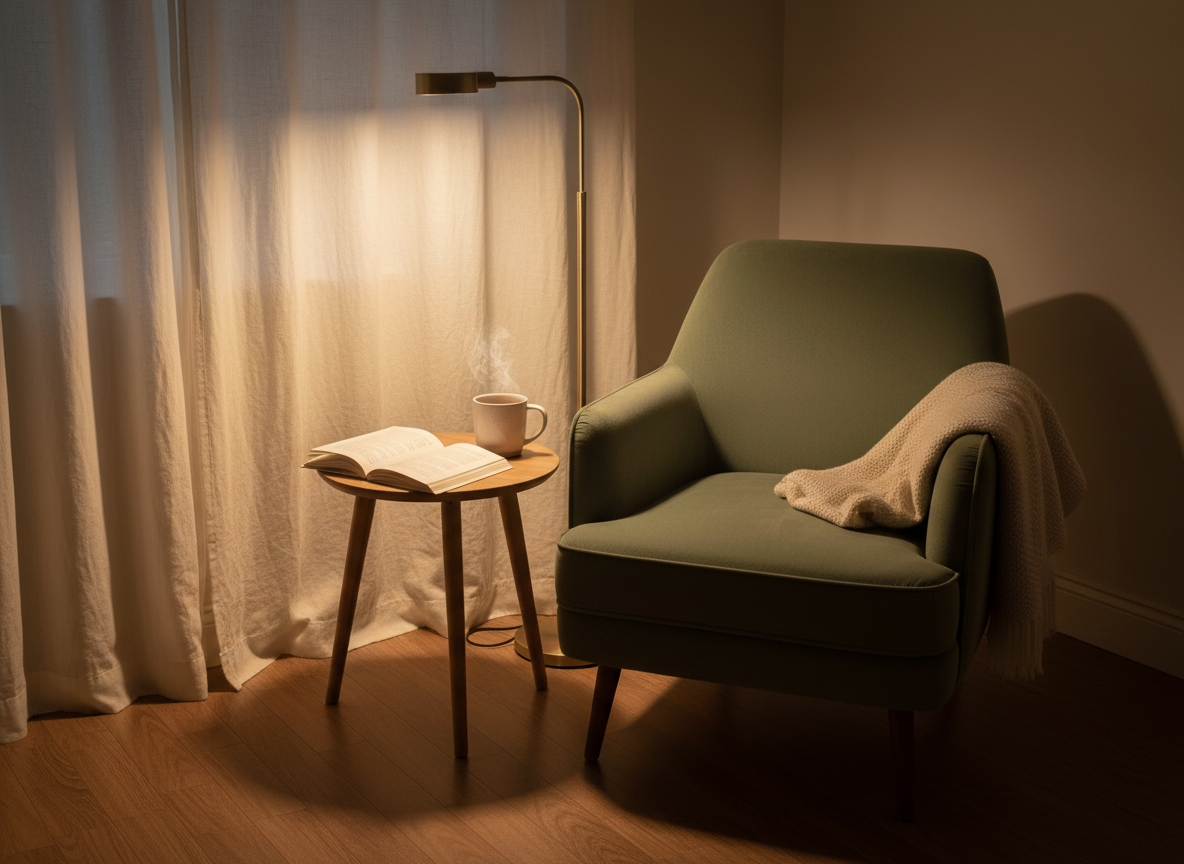 a renter's bedroom corner in soft warm evening light, a single sage velvet armchair tucked beside a window with linen cu