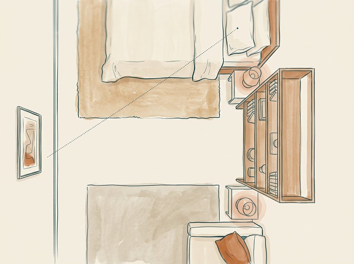Overhead illustration of a studio apartment floor showing two separate rugs zoning the bed area and the couch area, an open bookcase acting as a visual divider, and two warm lamps lighting each zone.