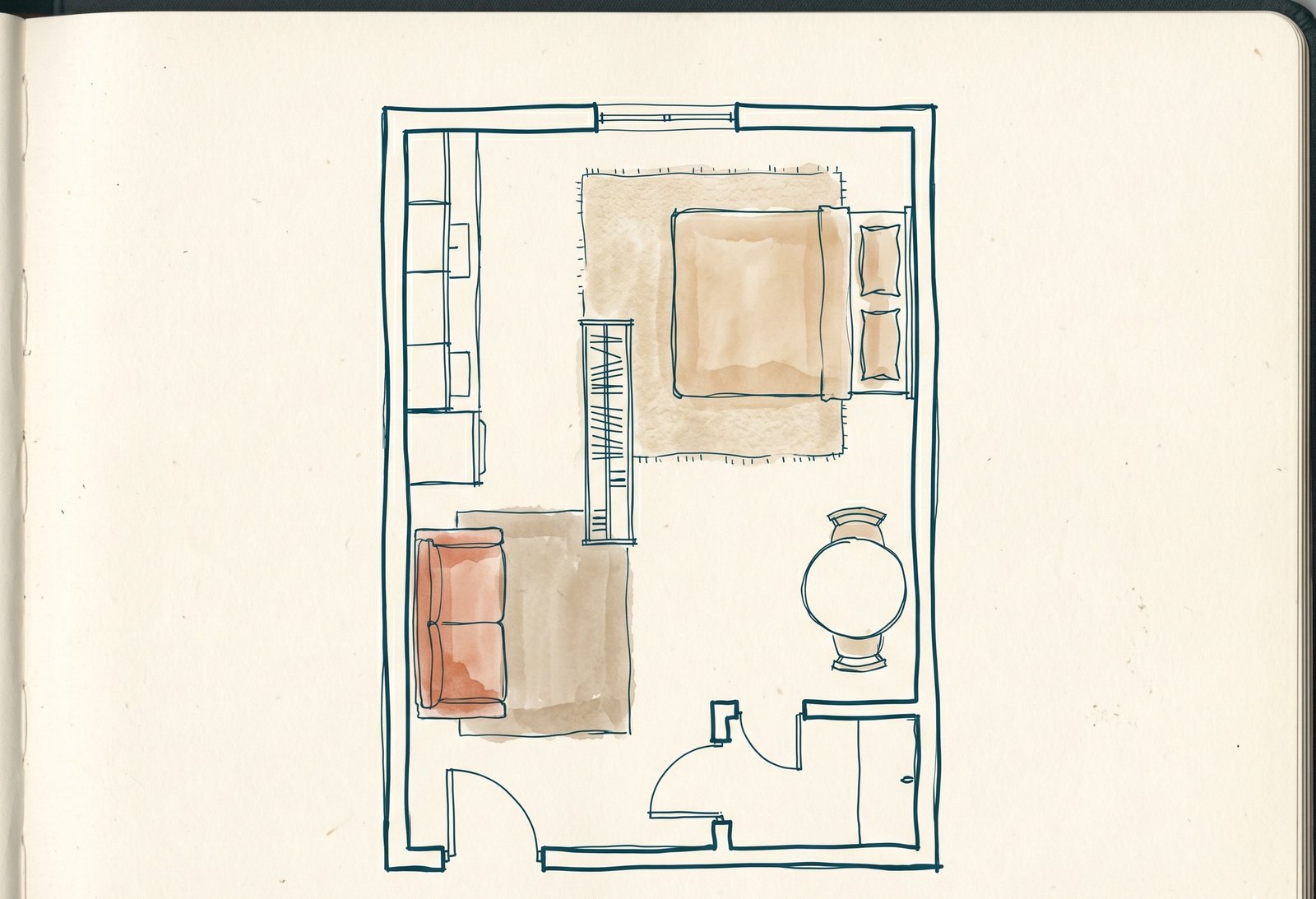 Hand-drawn architect's sketch of a small studio apartment floor plan showing the four key layout decisions in order: bed wall, sit zone facing the bed, a small dining nook, and a long storage wall along one side.