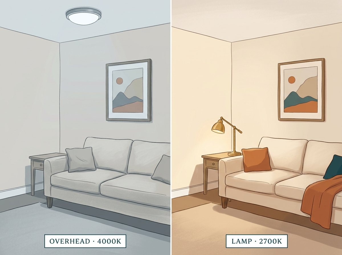 Side-by-side comparison: same rental living room corner under cold 4000K overhead light versus warm 2700K lamp light