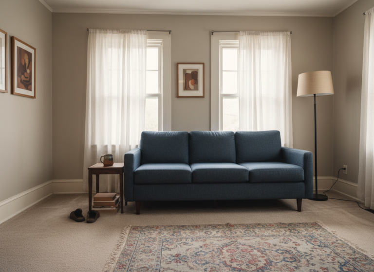 a mid-century post-war 1BR renter living room in soft late-morning light, beige low-pile wall-to-wall carpet, original w