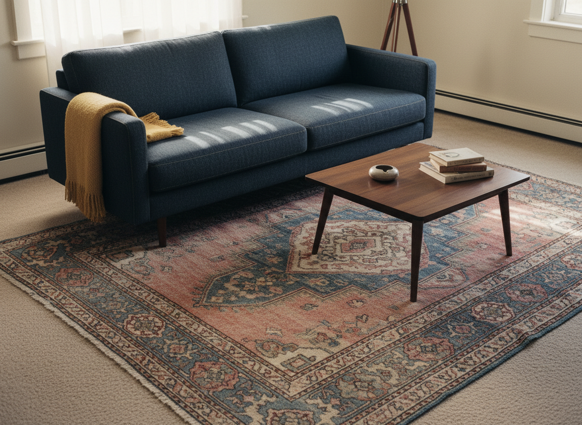 detail shot in the same mid-century 1BR apartment — same beige low-pile carpet visible at the edges, the same navy denim
