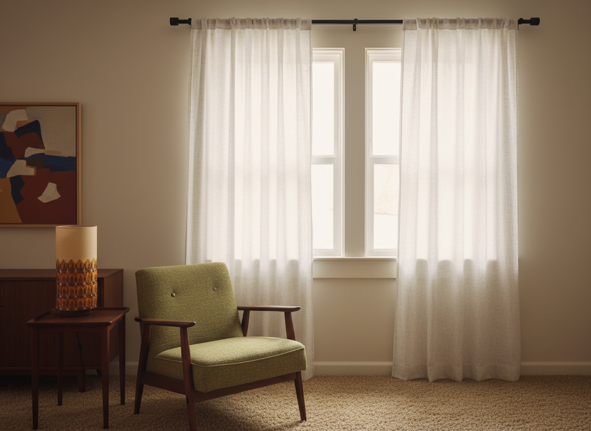 detail shot in the same mid-century 1BR apartment — same double-hung window with cream-painted wood frame, but now sheer