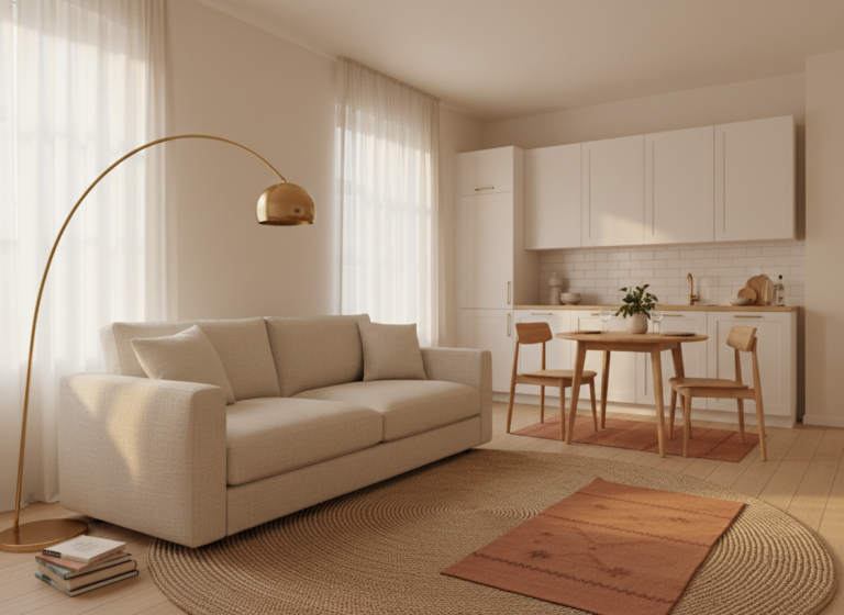 a renter's living area in a small 600 sq ft apartment in late-afternoon golden light, cream plaster walls untouched, a 7
