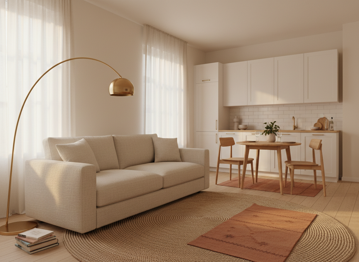 a renter's living area in a small 600 sq ft apartment in late-afternoon golden light, cream plaster walls untouched, a 7