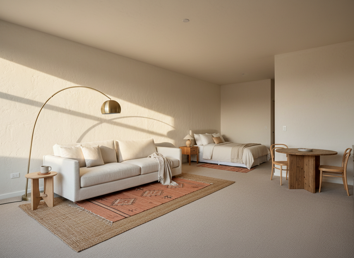 a renter's L-shaped studio-ish 600 sq ft living area in late-afternoon natural light, cream plaster walls untouched, a 7