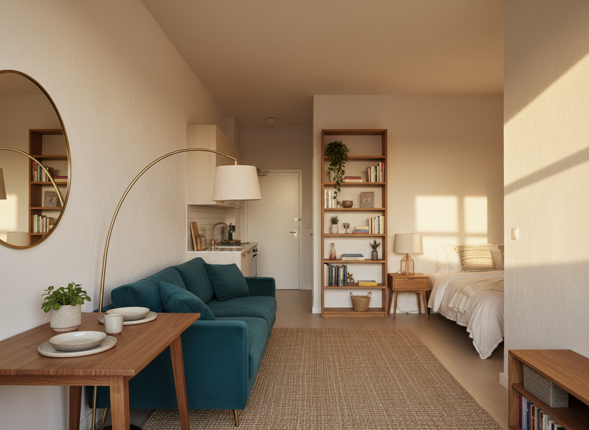 a renter's long narrow galley 600 sq ft apartment in warm afternoon light, cream plaster walls untouched, a 72-inch deep