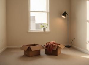 a warm cream-walled small studio apartment on moving day, late afternoon golden light through a single bare window, two