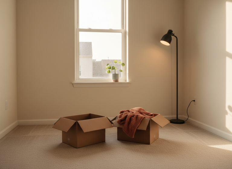 a warm cream-walled small studio apartment on moving day, late afternoon golden light through a single bare window, two