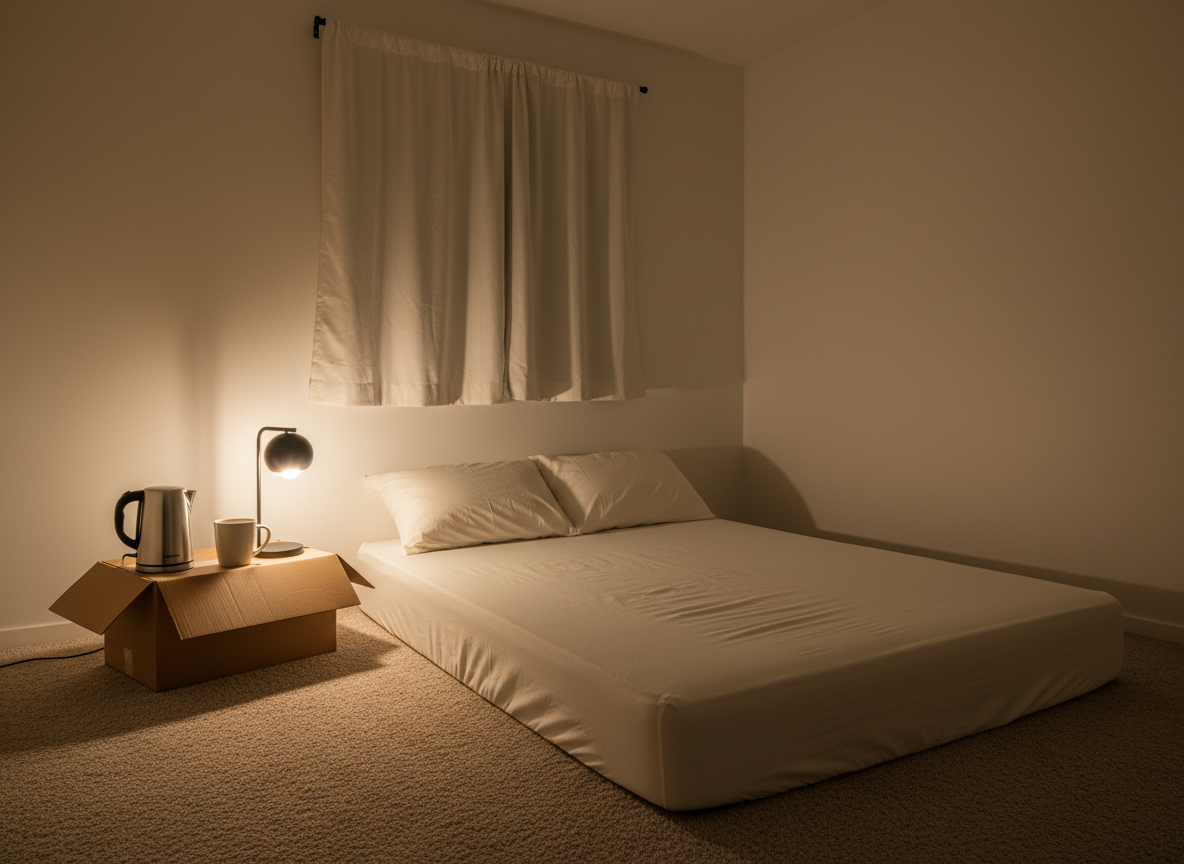 a small renter studio apartment in early evening, a queen-size mattress topper laid directly on a beige carpet with a si