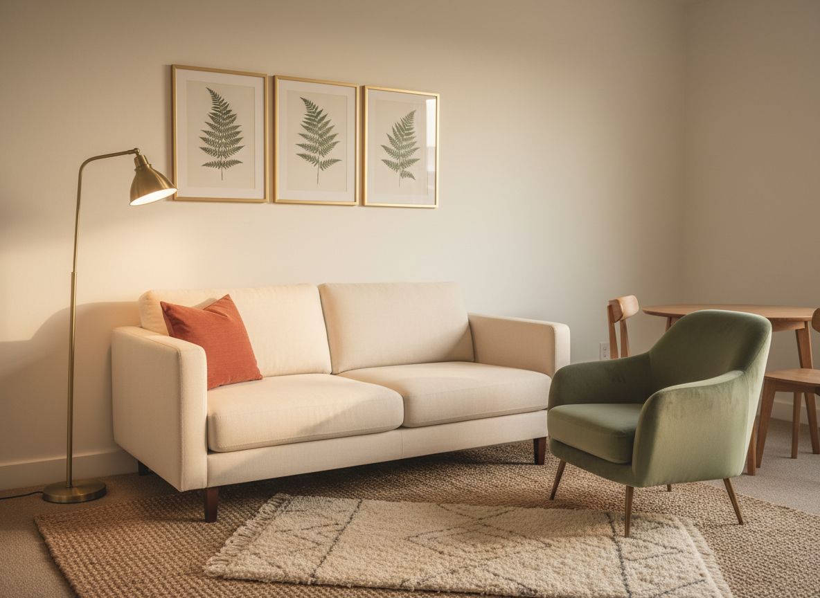 a small rental living room corner in late afternoon light, a cream low-profile sofa with one terra cotta throw pillow, a