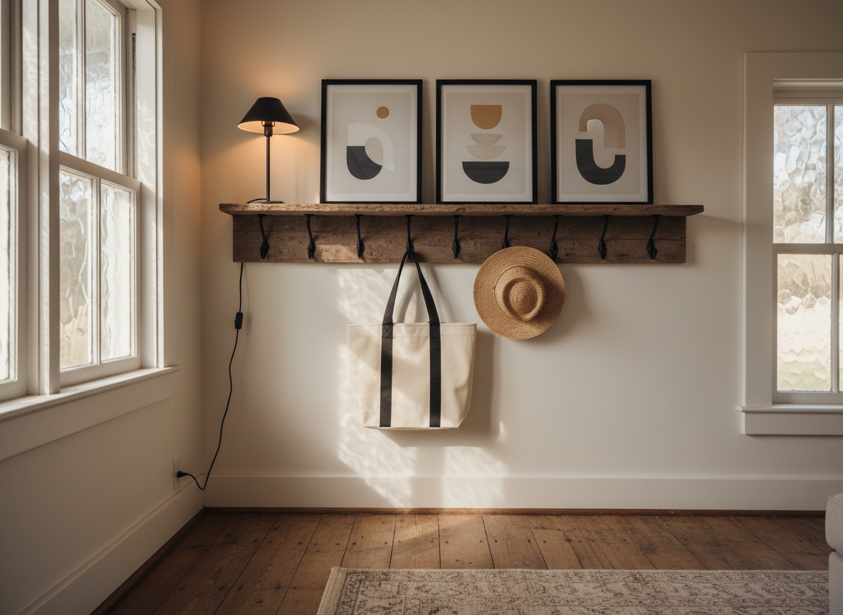a detail in the same cottage rental showing the unifying thread — three black-framed modern prints above a rustic reclai
