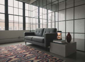 a modern glass-walled studio loft, polished concrete floor, one exposed white-painted brick wall, oversized industrial-s