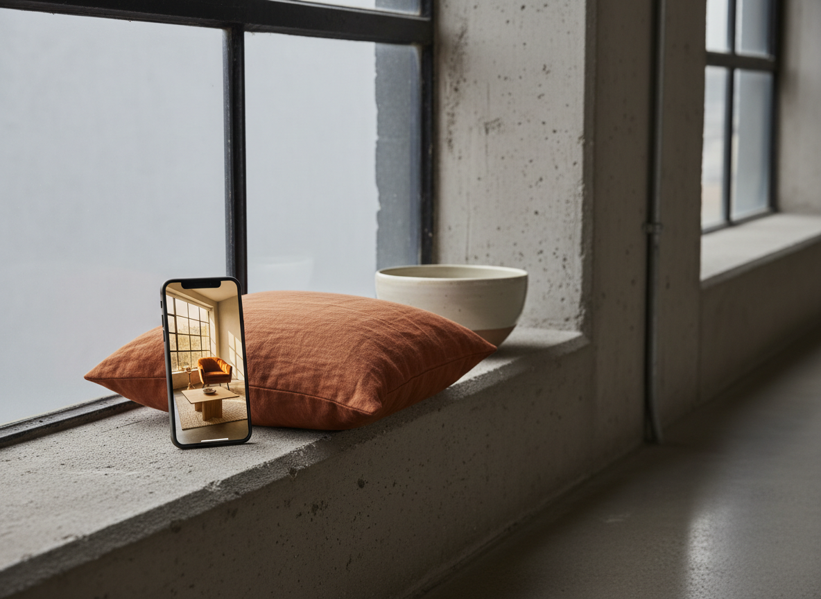 a close detail in the same studio loft — the phone showing one saved image of a warm sunlit room, propped beside a real-